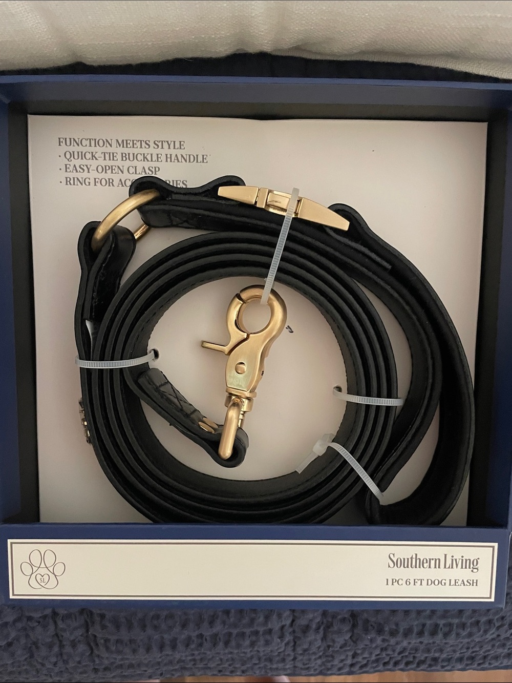 Southern Living Black Leather Dog Leash with Gold Hardware